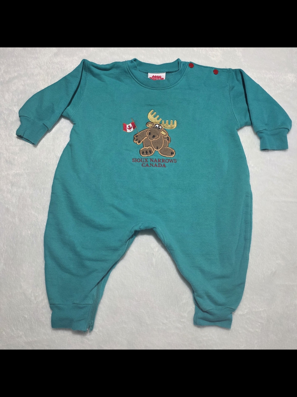 Vintage GGS Sioux Narrows Canada Long Sleeve Embroidered Moose Romper Size 12M